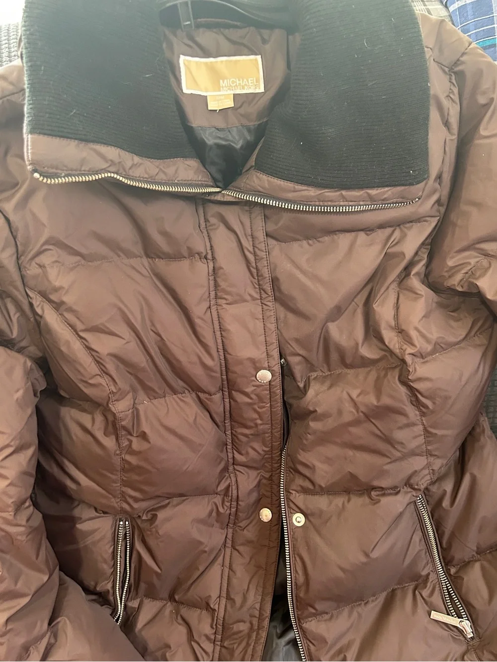 Michael Kors Dark Brown Quilted Puffer Coat with Black Collar